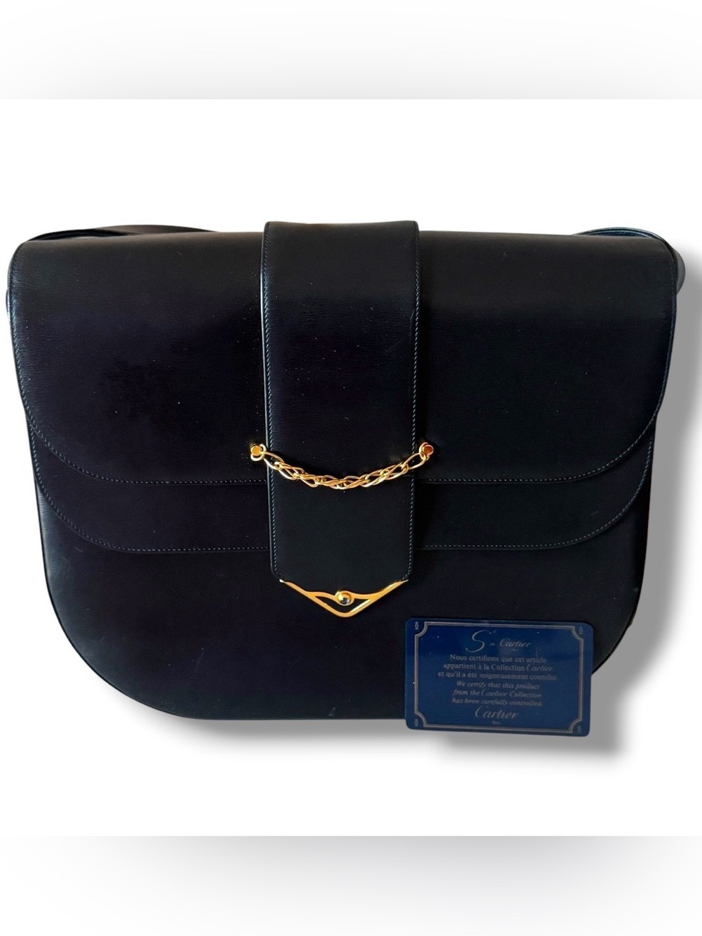 Vintage Cartier Sapphire Line Navy Shoulder Bag Gold GHW Auth Card 90s France